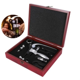 Korkenzieher, Manueller Wein Öffner Kit mit Belüfter und Ausgießer,Zink-Legierung Griff Korkenzieher,Deluxe Weinöffner Zubehör mit 9 Teilen, Elegantes Design-Set mit Dunklem Kirschholz Kasten - 1